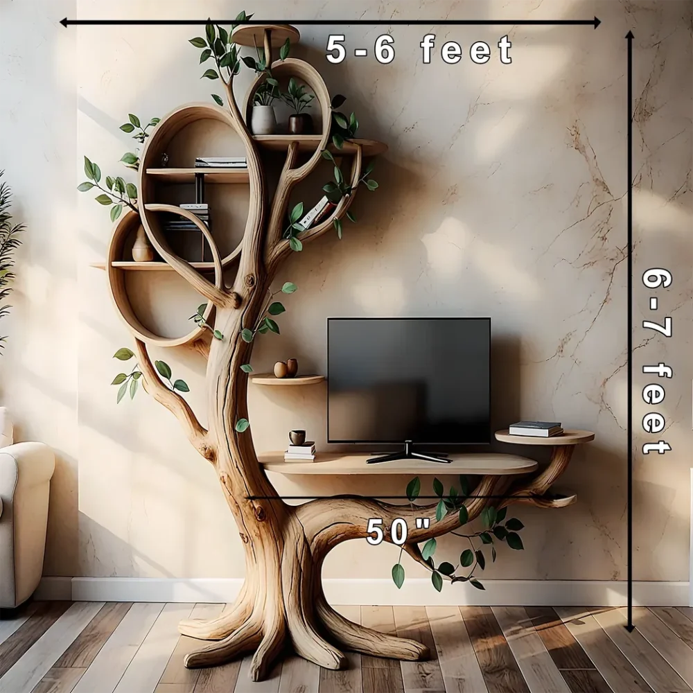 Unique wooden TV shelf, solid wood tree shaped TV shelf - Image 2