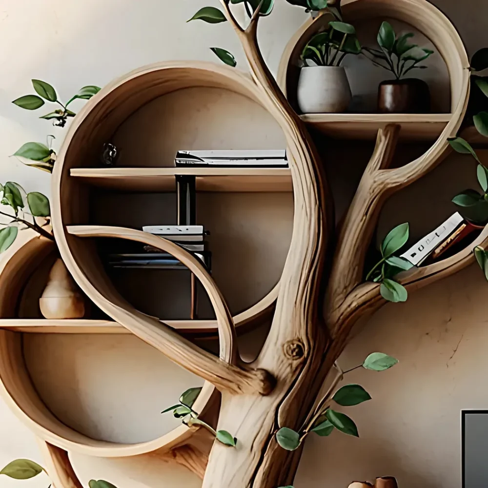Unique wooden TV shelf, solid wood tree shaped TV shelf - Image 3