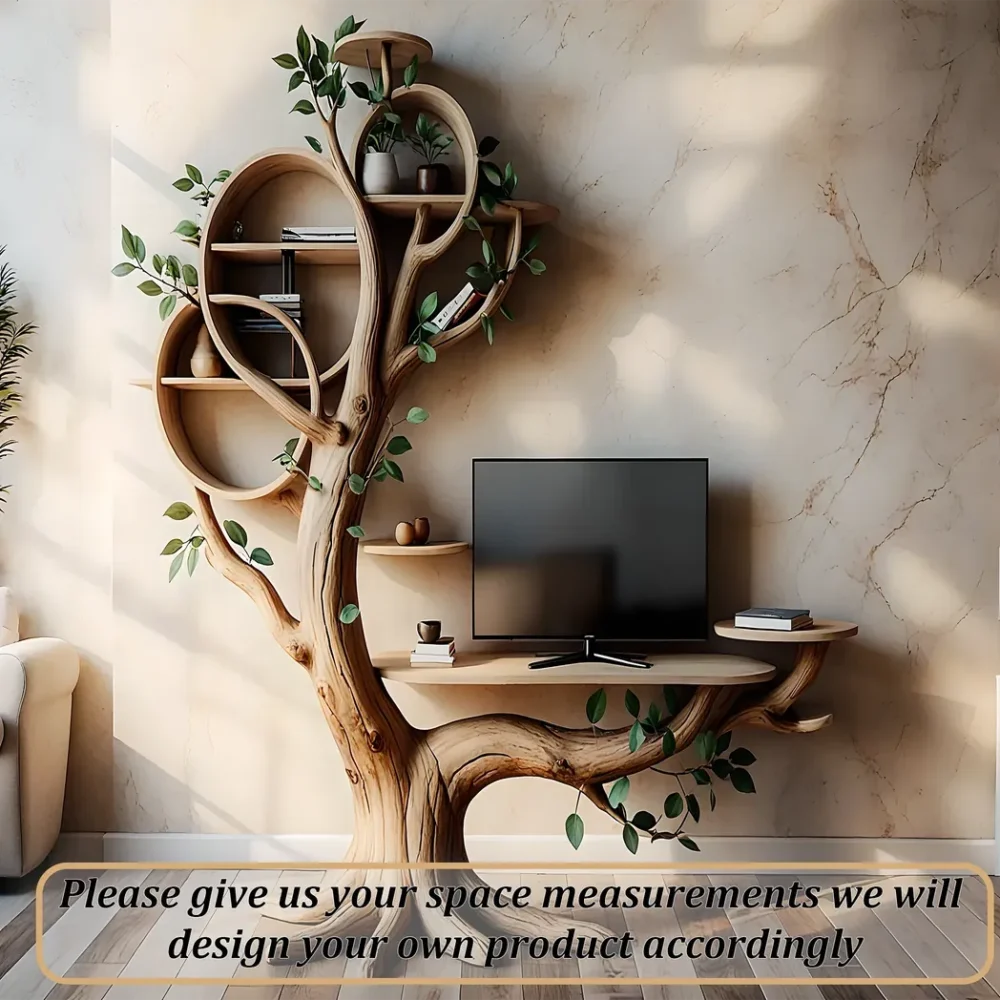 Unique wooden TV shelf, solid wood tree shaped TV shelf - Image 4