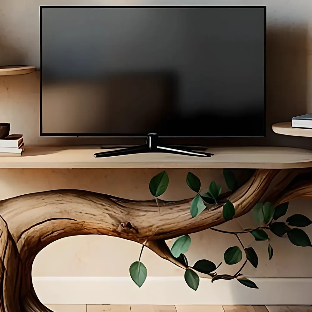 Unique wooden TV shelf, solid wood tree shaped TV shelf - Image 5