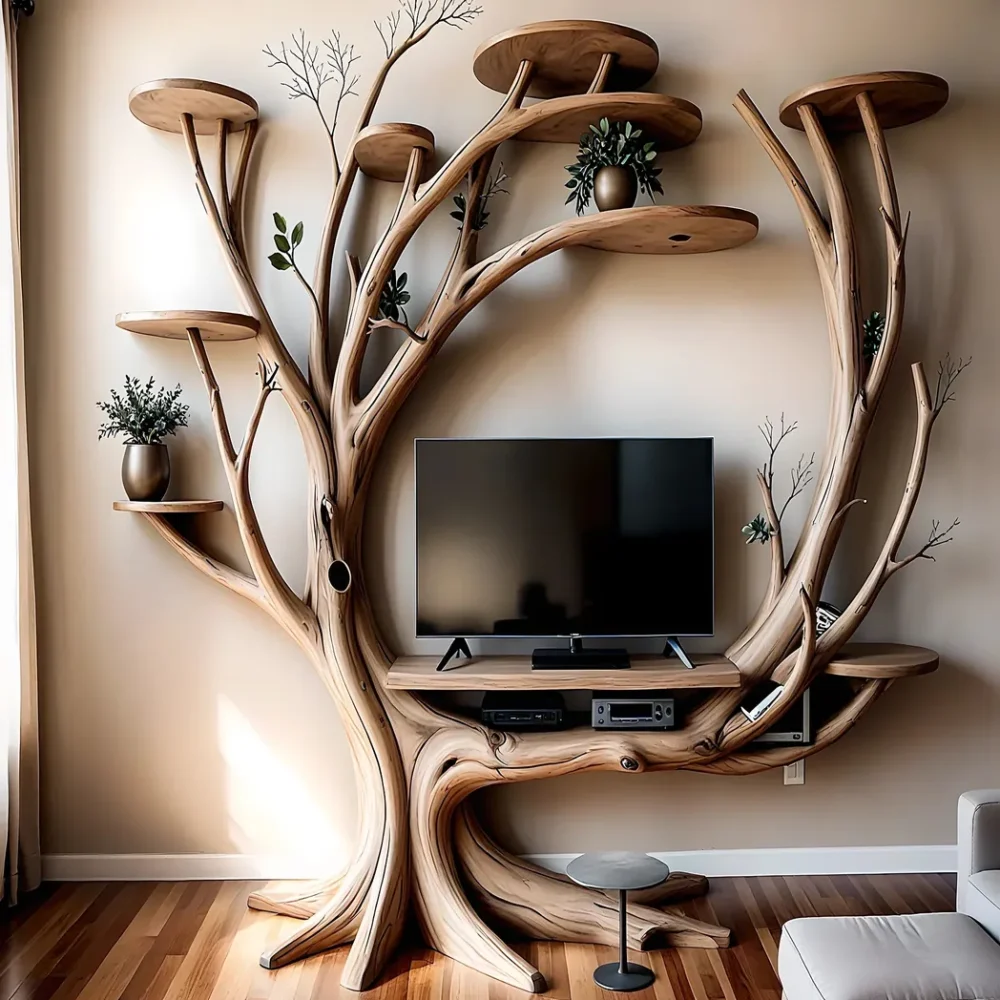 TV table with tree shaped shelf, sturdy TV shelf