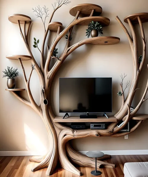 TV table with tree shaped shelf, sturdy TV shelf
