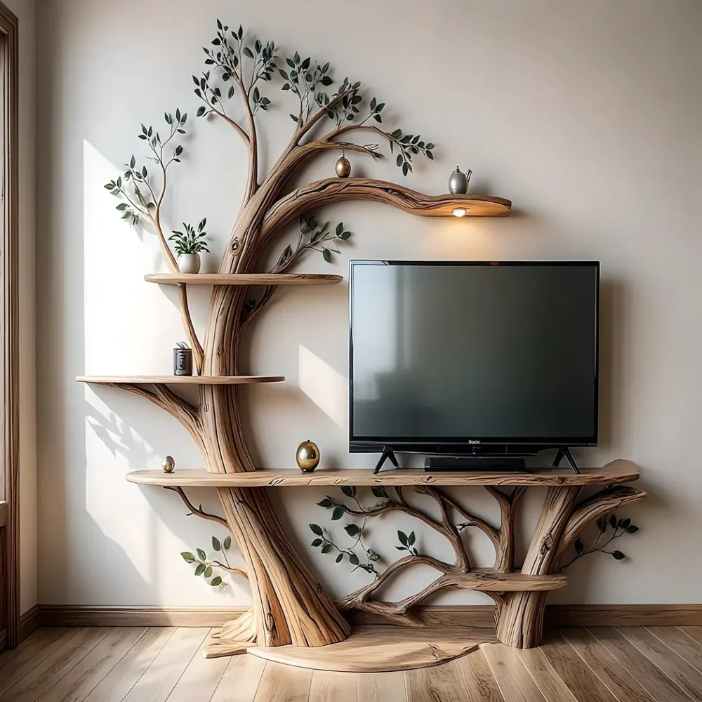 tree shaped TV table, solid wood shelf,