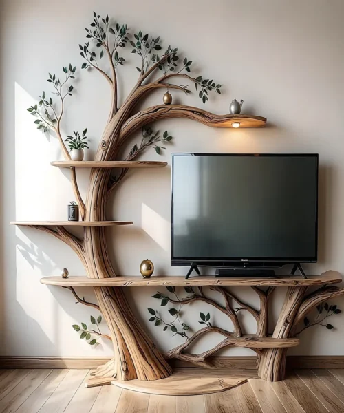 tree shaped TV table, solid wood shelf,