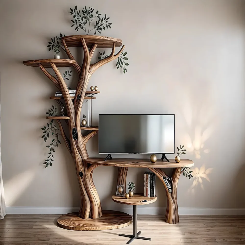 TV shelf with tree shaped bookshelf, recycled wood TV shelf