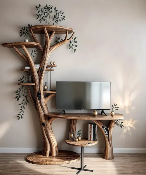 TV shelf with tree shaped bookshelf, recycled wood TV shelf