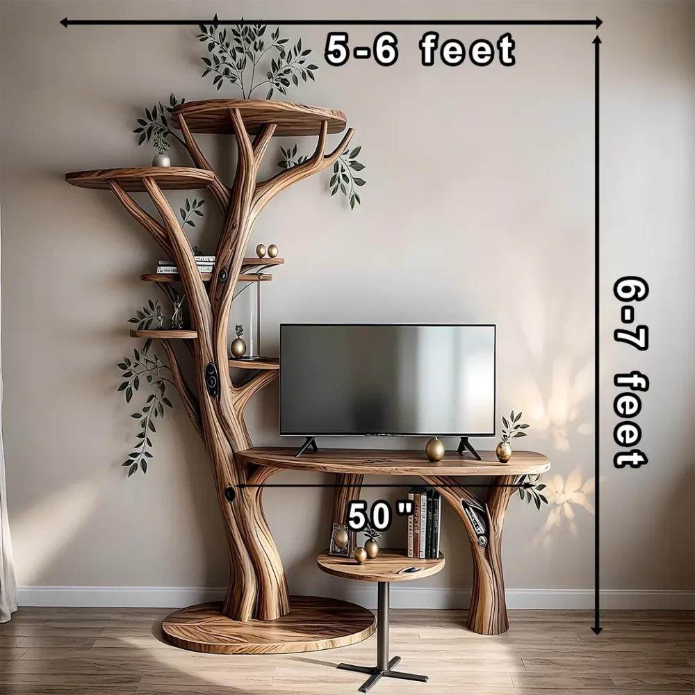 TV shelf with tree shaped bookshelf, recycled wood TV shelf - Image 2