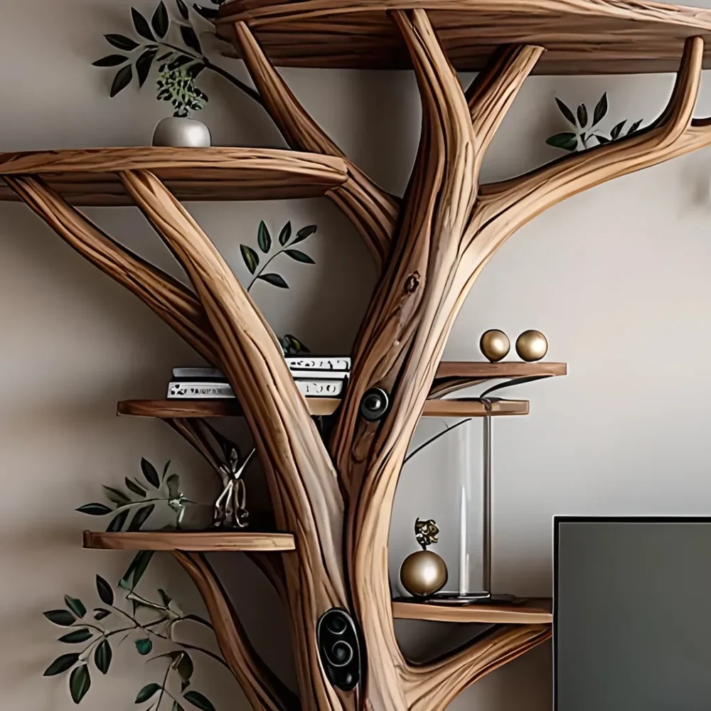 TV shelf with tree shaped bookshelf, recycled wood TV shelf - Image 3