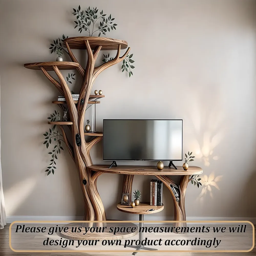 TV shelf with tree shaped bookshelf, recycled wood TV shelf - Image 4