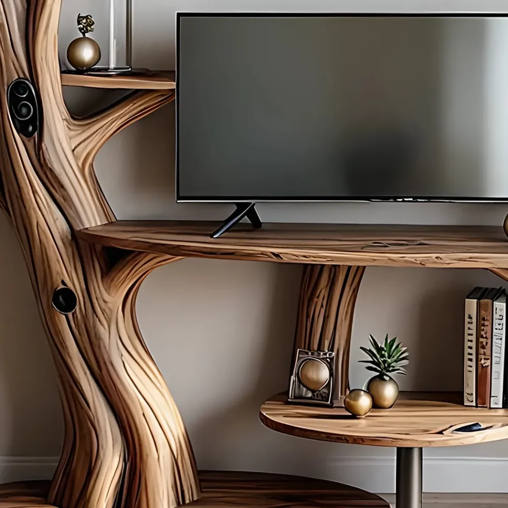 TV shelf with tree shaped bookshelf, recycled wood TV shelf - Image 5