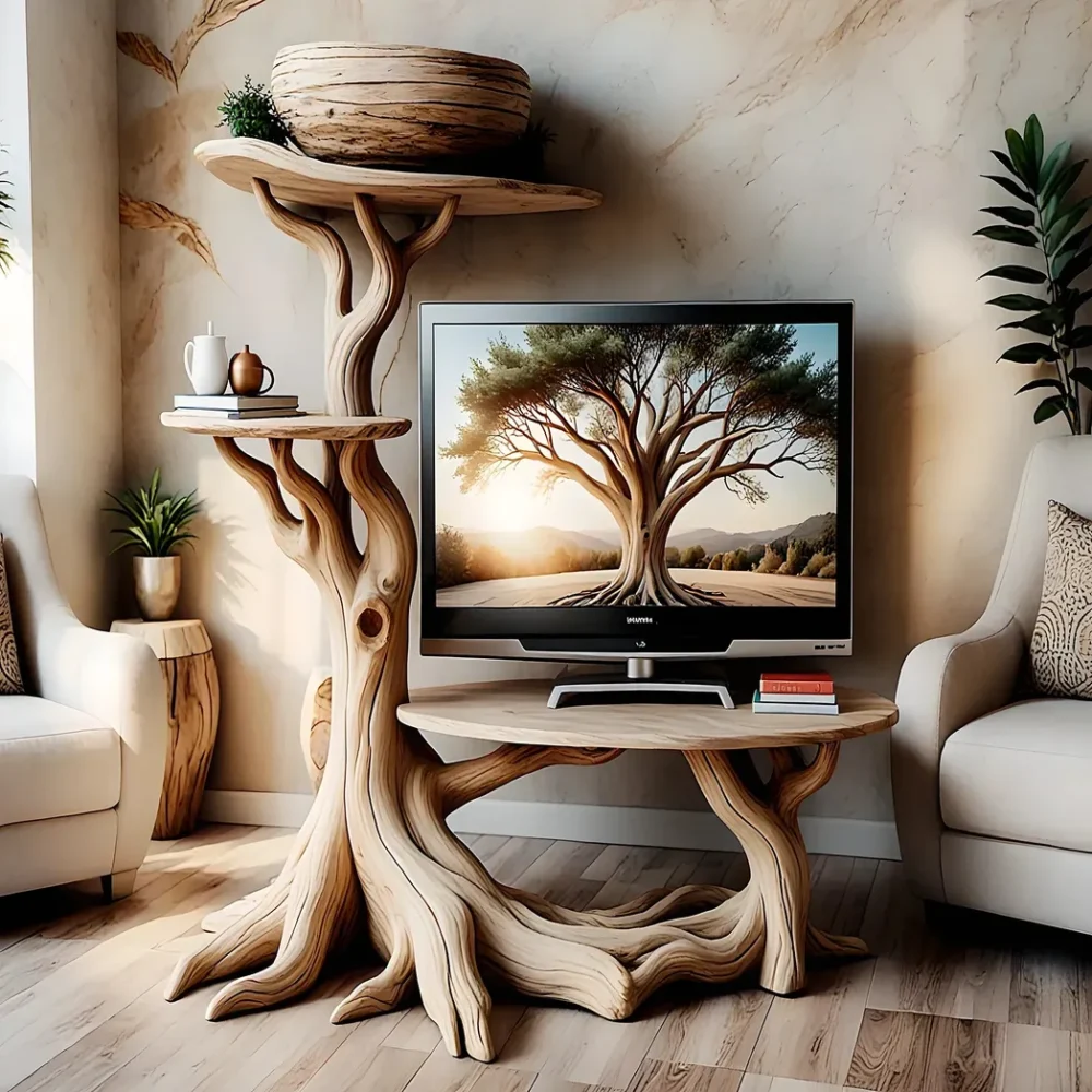 Solid wood TV table, natural wood tree shaped TV table