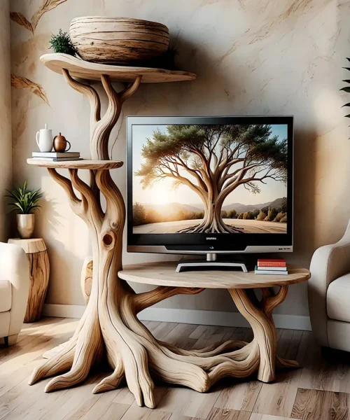 Solid wood TV table, natural wood tree shaped TV table