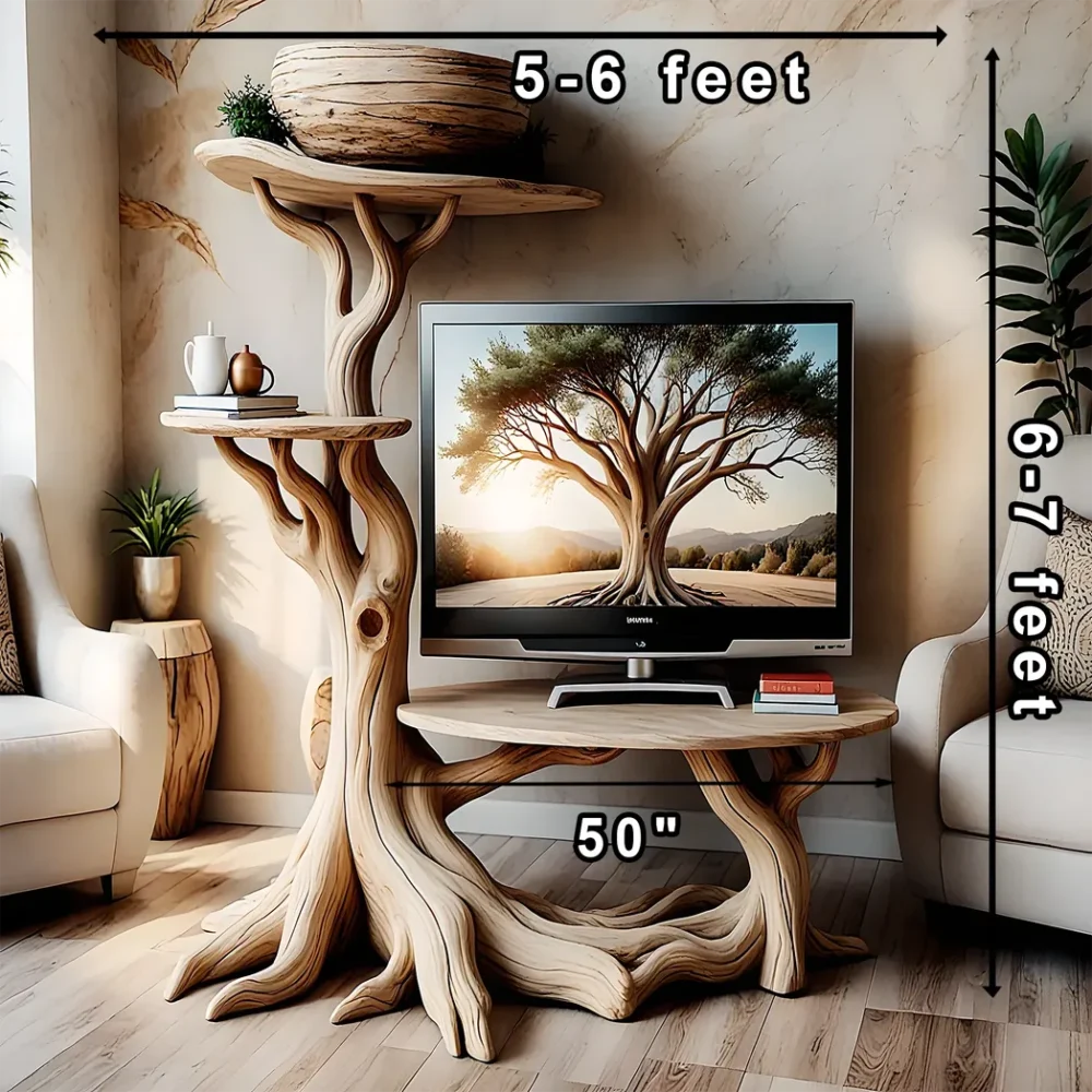 Solid wood TV table, natural wood tree shaped TV table - Image 2