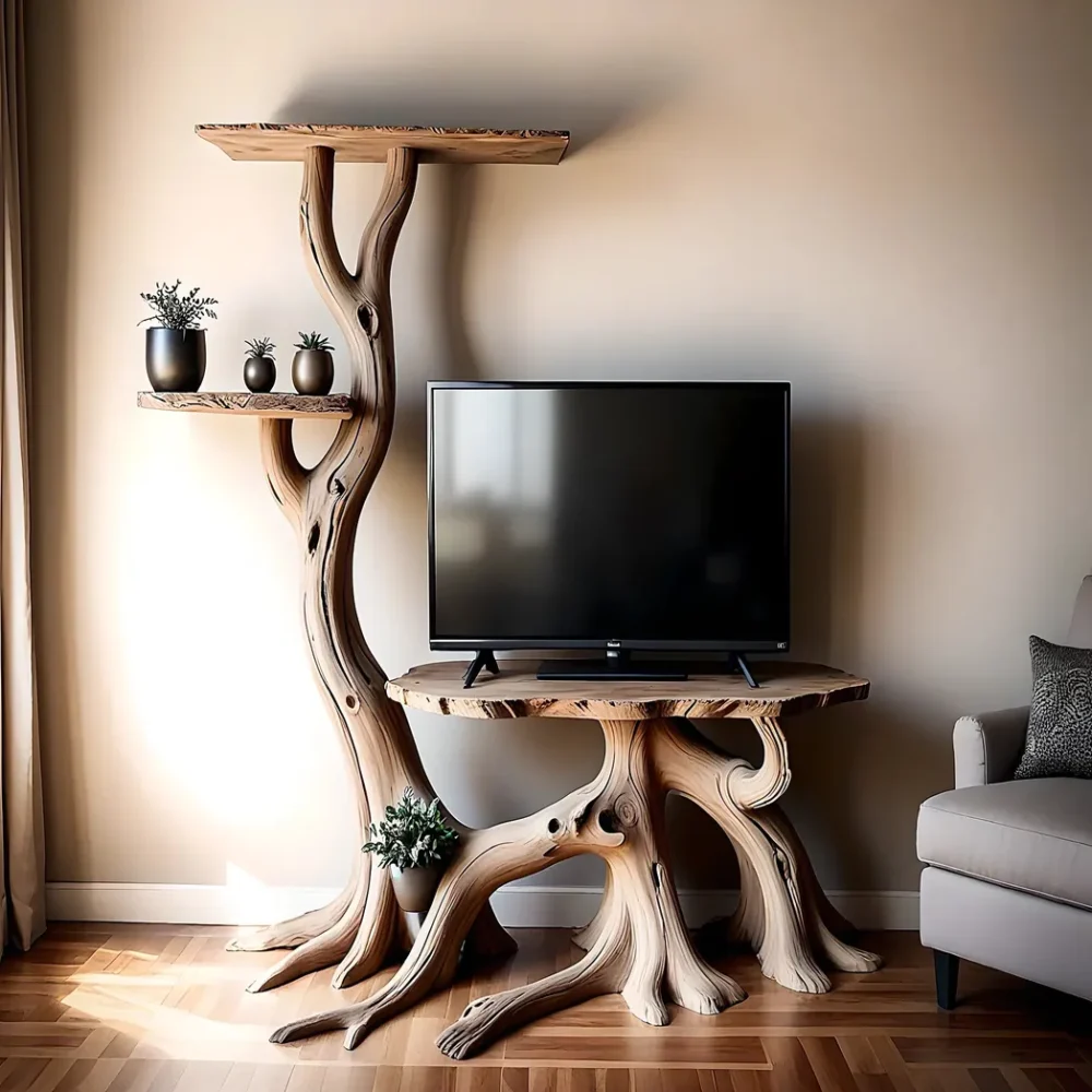 Solid wood TV shelf, driftwood TV shelf shaped like a tree