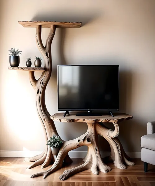 Solid wood TV shelf, driftwood TV shelf shaped like a tree