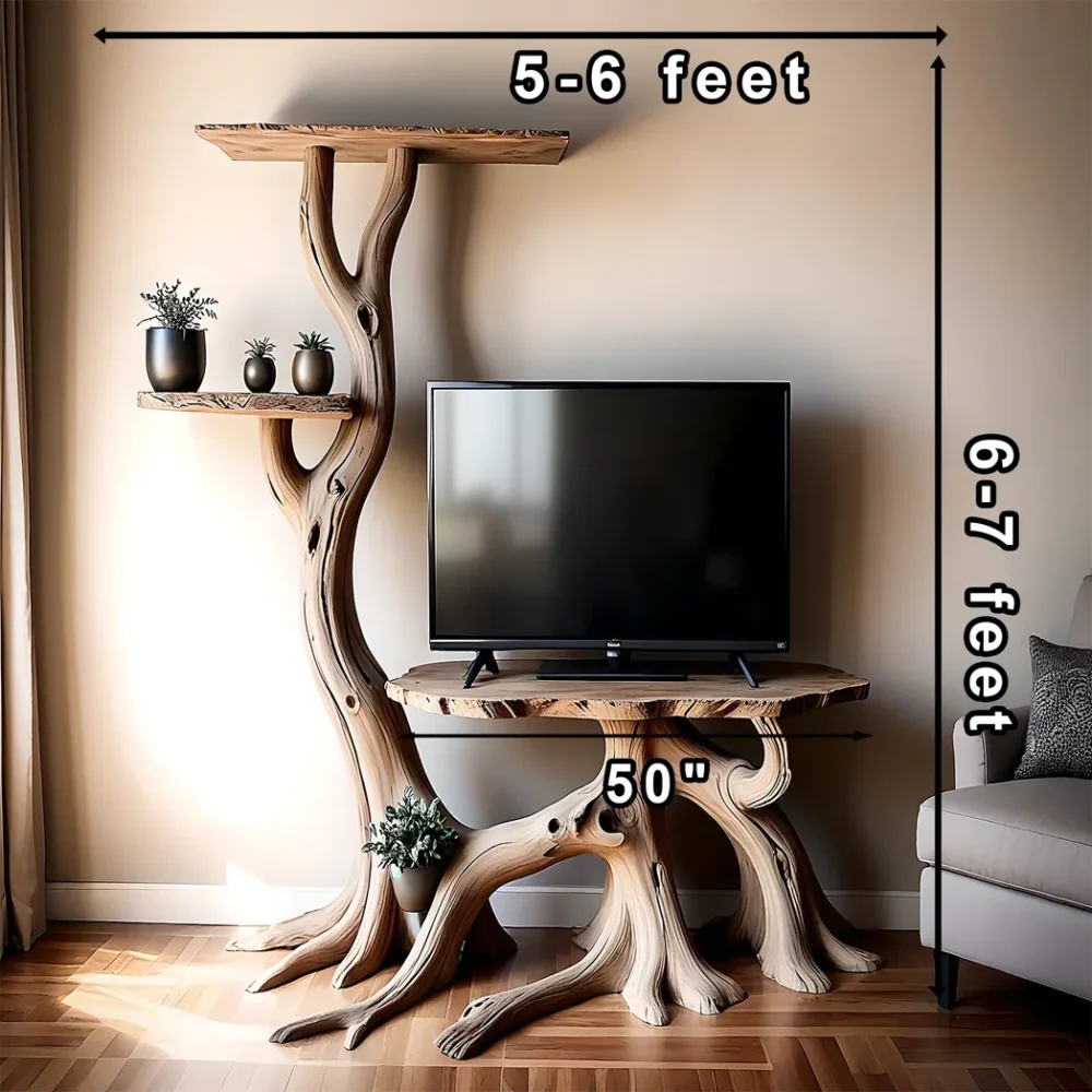 Solid wood TV shelf, driftwood TV shelf shaped like a tree - Image 2