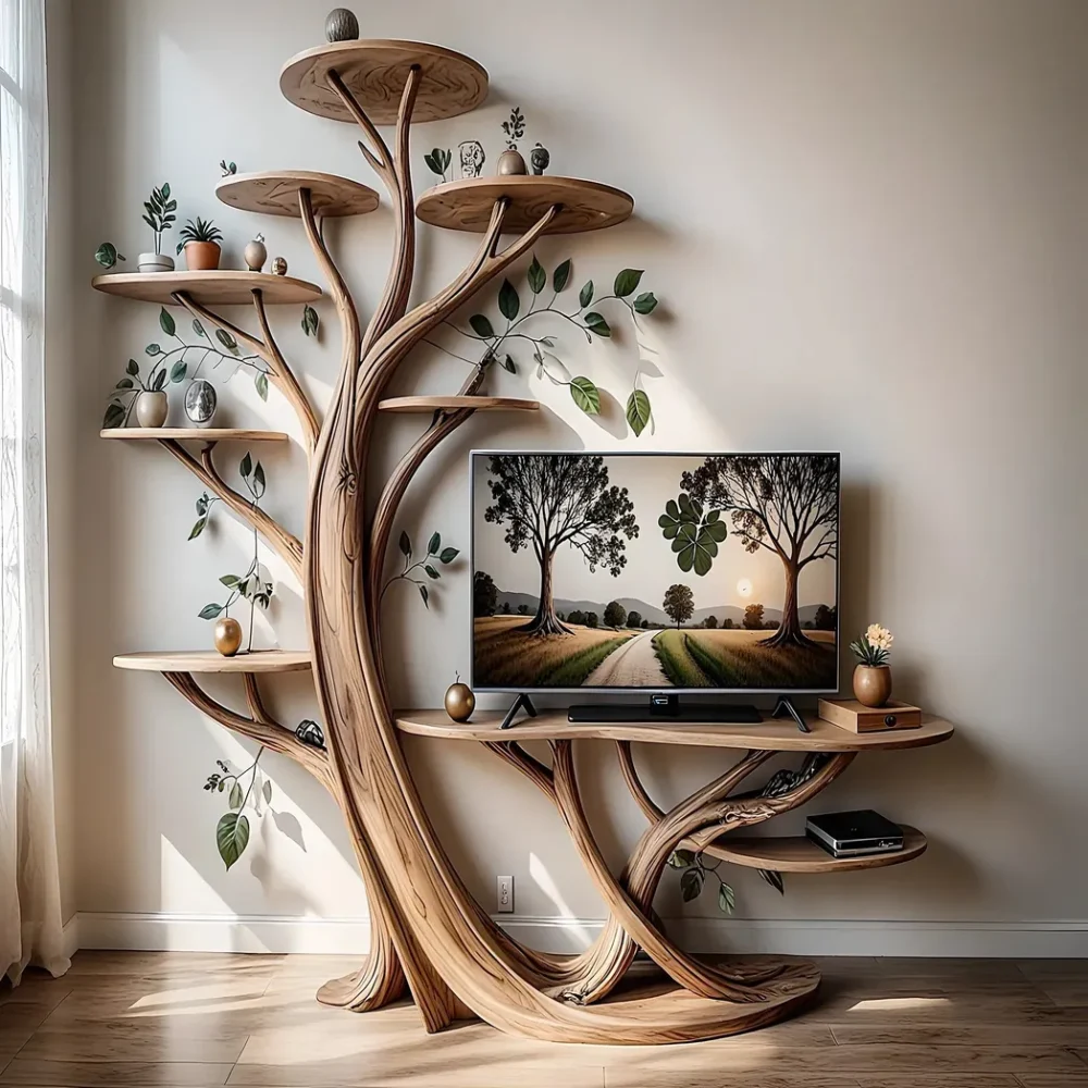 Solid wood tree shaped TV shelf