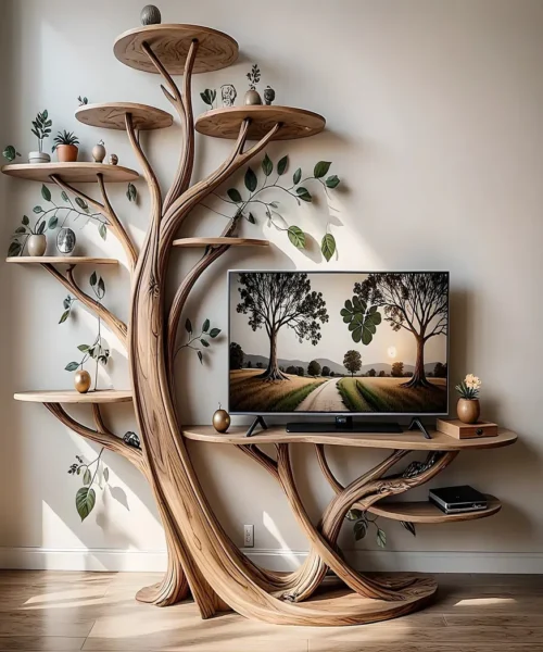 Solid wood tree shaped TV shelf