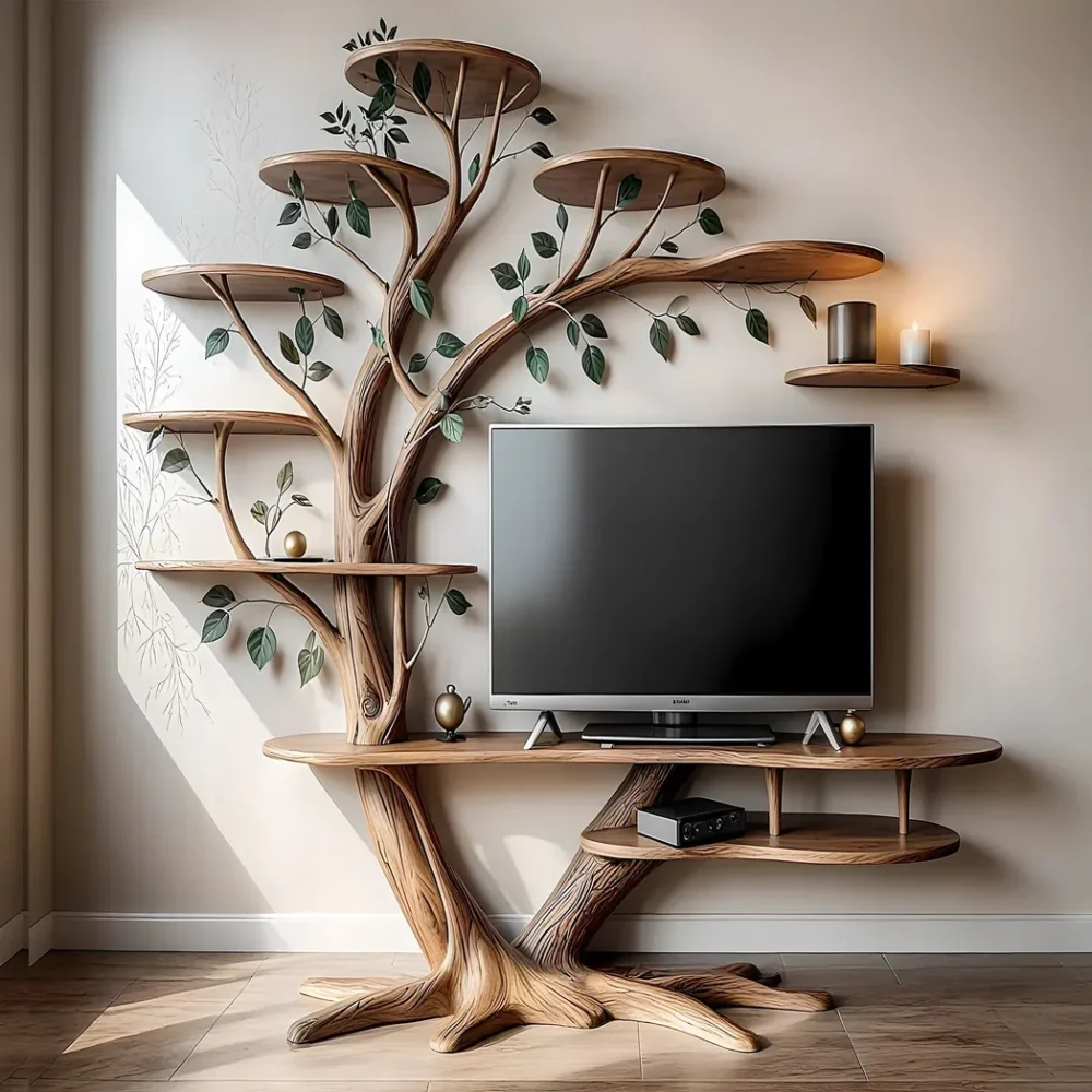 rustic wooden tv shelf, tv shelf with tree shaped bookshelf