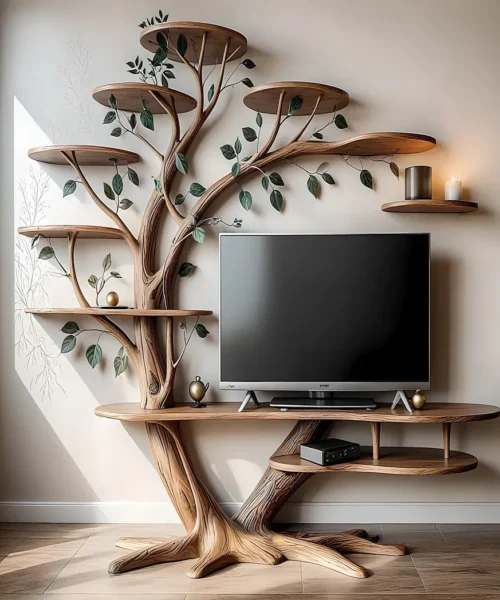 rustic wooden tv shelf, tv shelf with tree shaped bookshelf