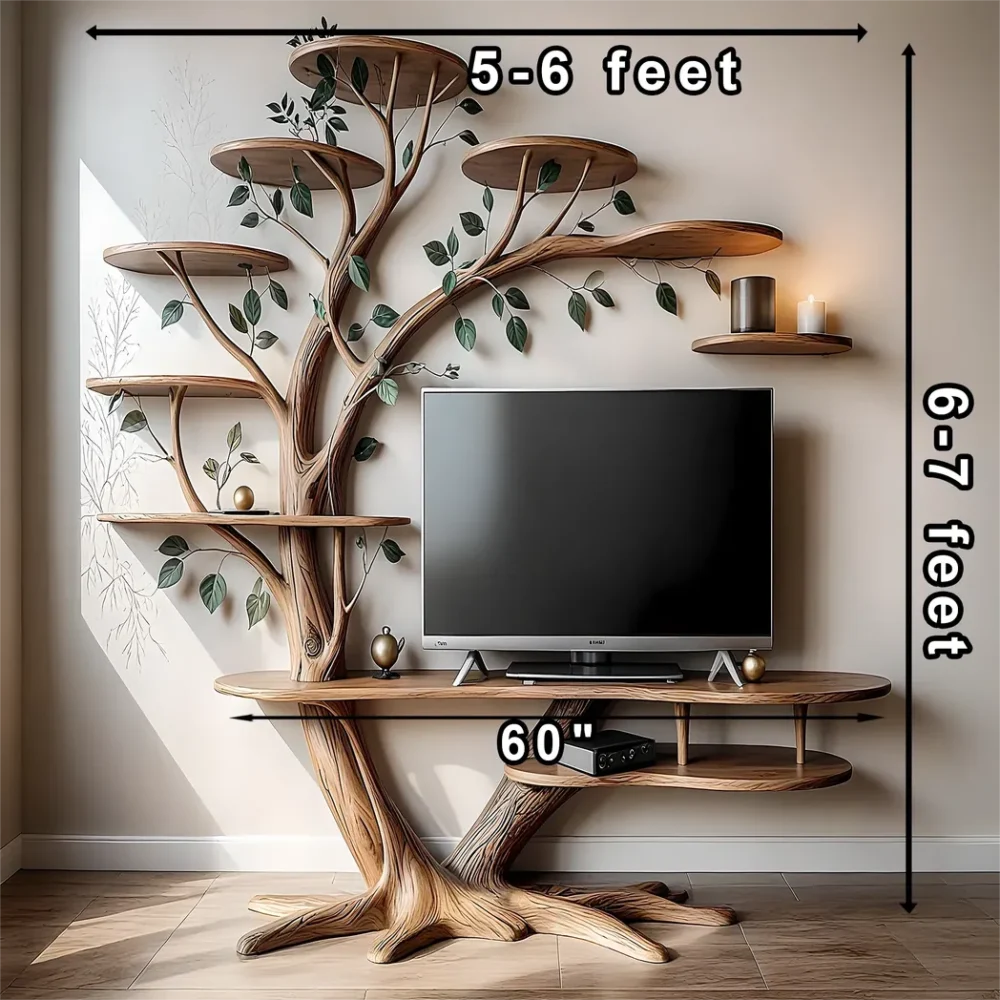 rustic wooden tv shelf, tv shelf with tree shaped bookshelf - Image 2