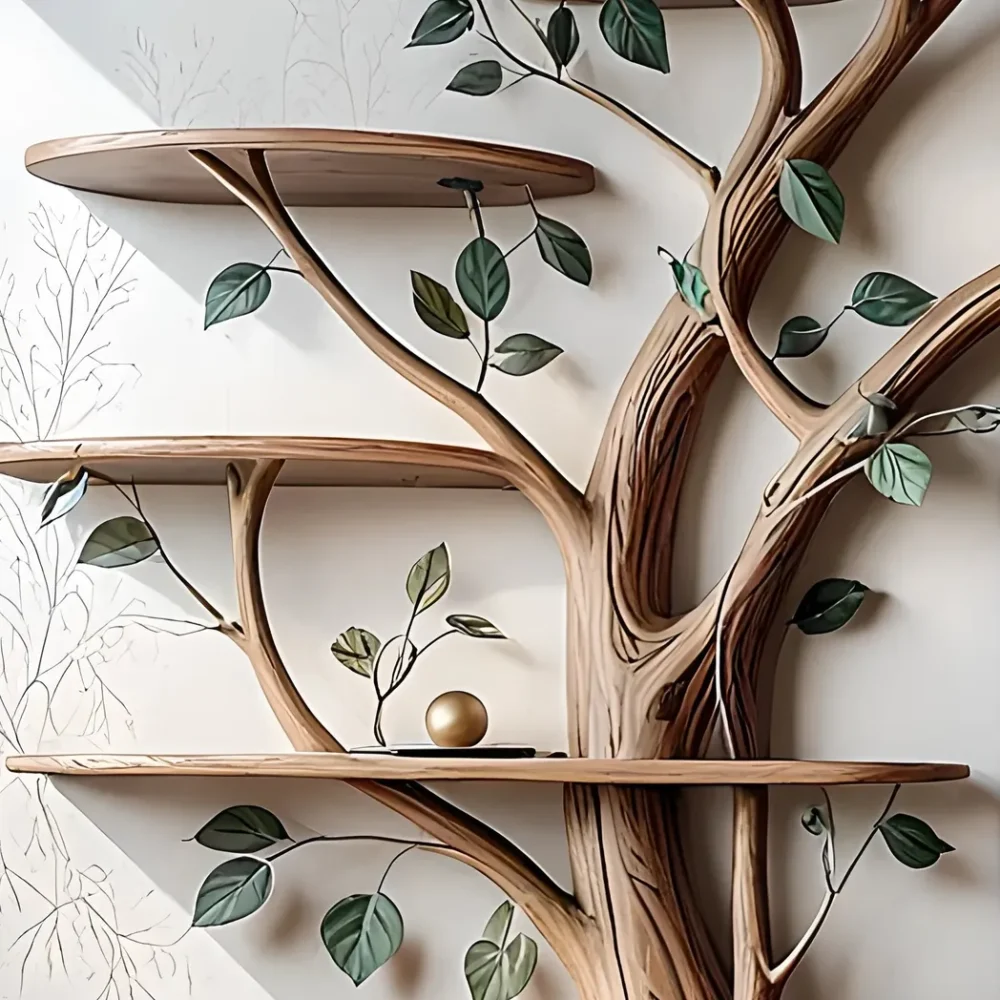 rustic wooden tv shelf, tv shelf with tree shaped bookshelf - Image 3