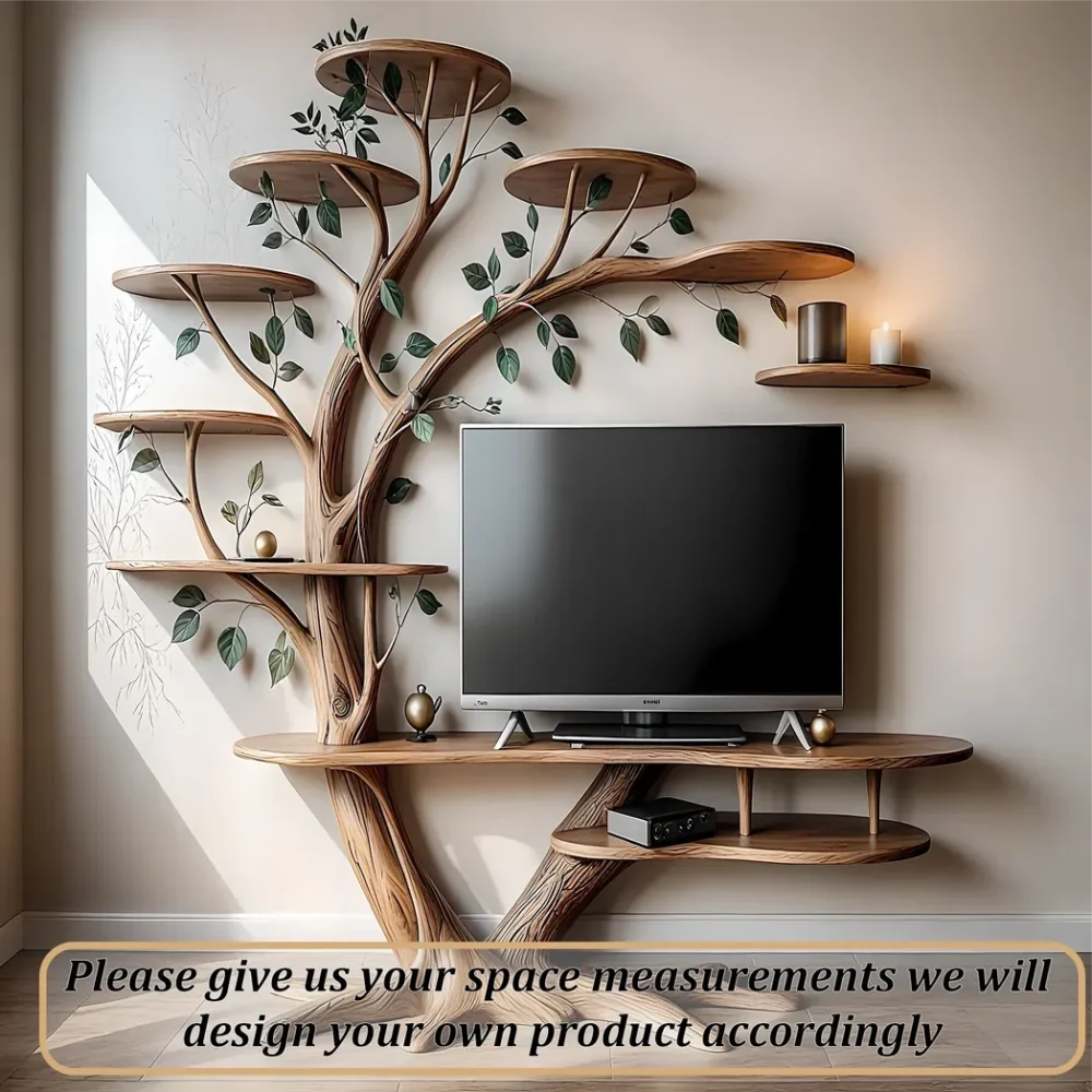 rustic wooden tv shelf, tv shelf with tree shaped bookshelf - Image 4