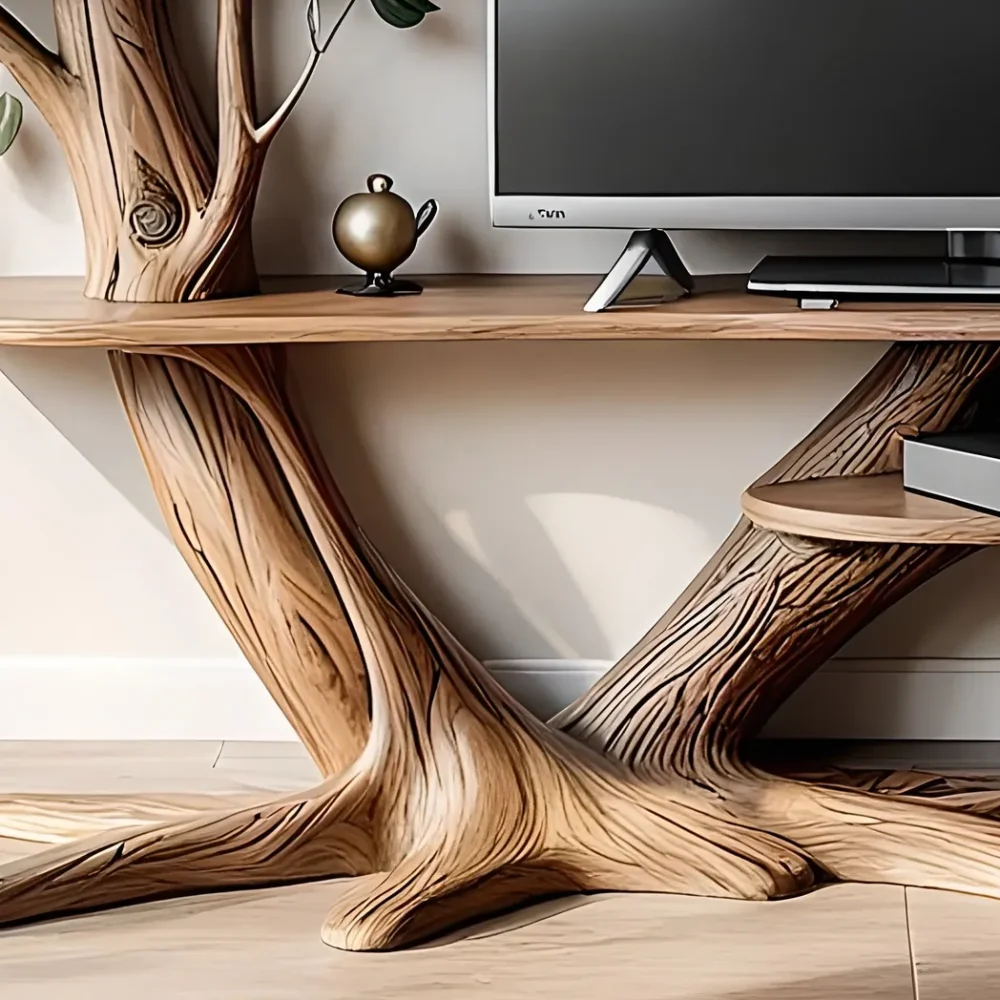 rustic wooden tv shelf, tv shelf with tree shaped bookshelf - Image 5