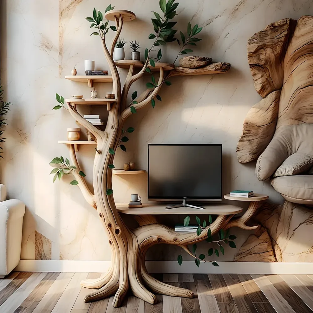 Natural tree shaped TV shelf made of solid wood
