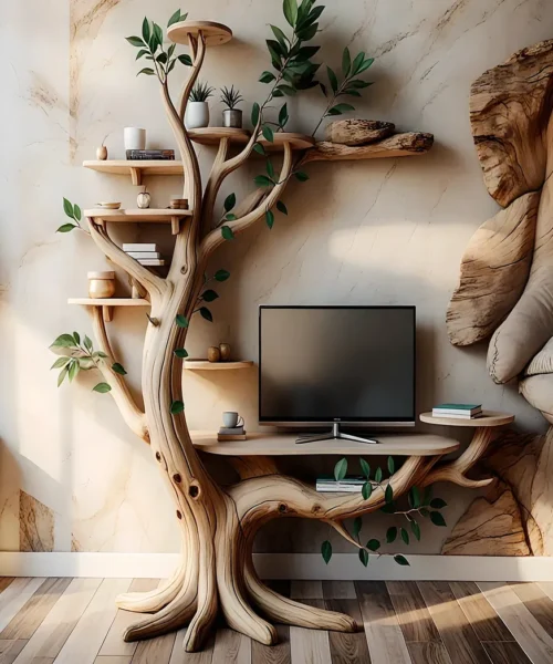 Natural tree shaped TV shelf made of solid wood