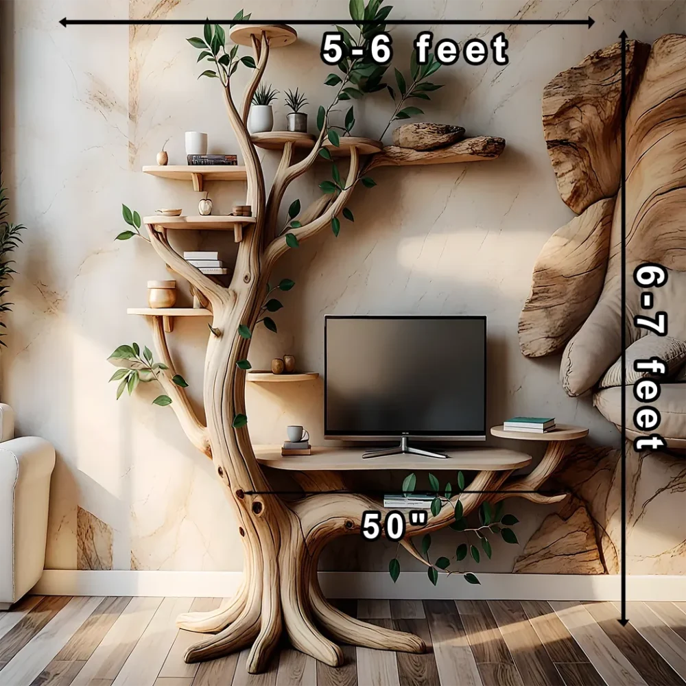 Natural tree shaped TV shelf made of solid wood - Image 2