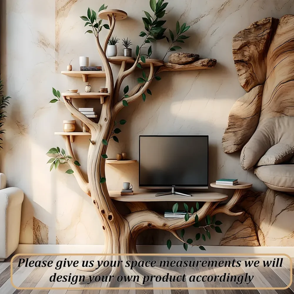 Natural tree shaped TV shelf made of solid wood - Image 4