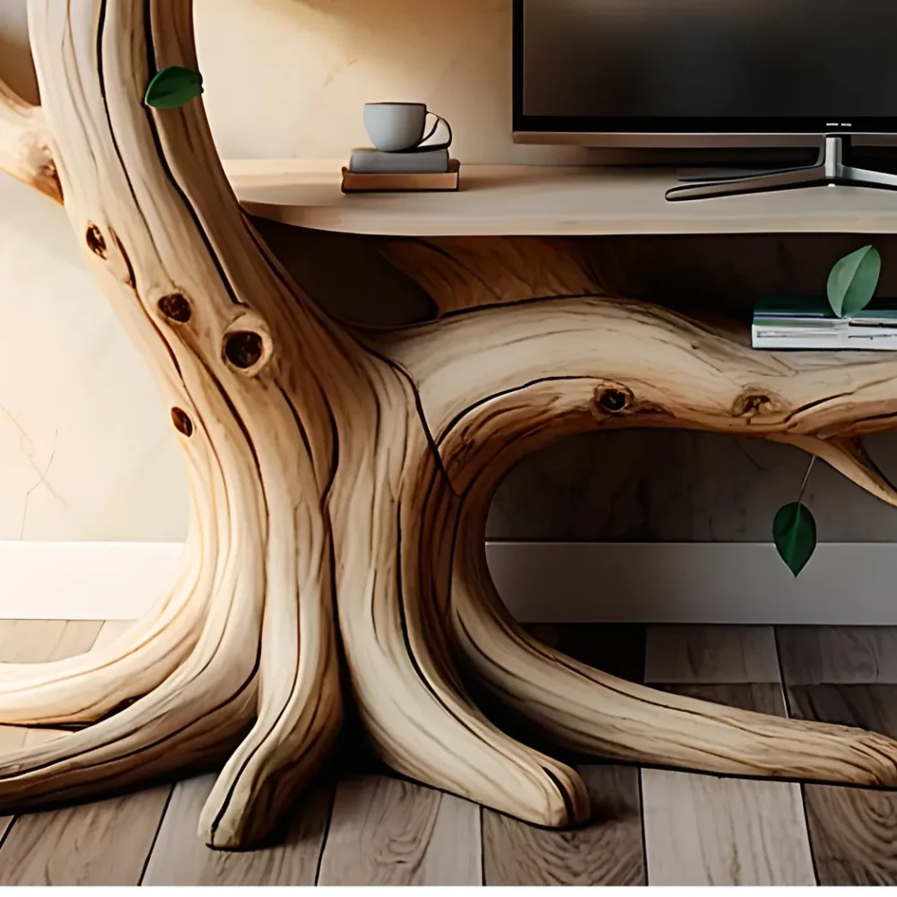 Natural tree shaped TV shelf made of solid wood - Image 5