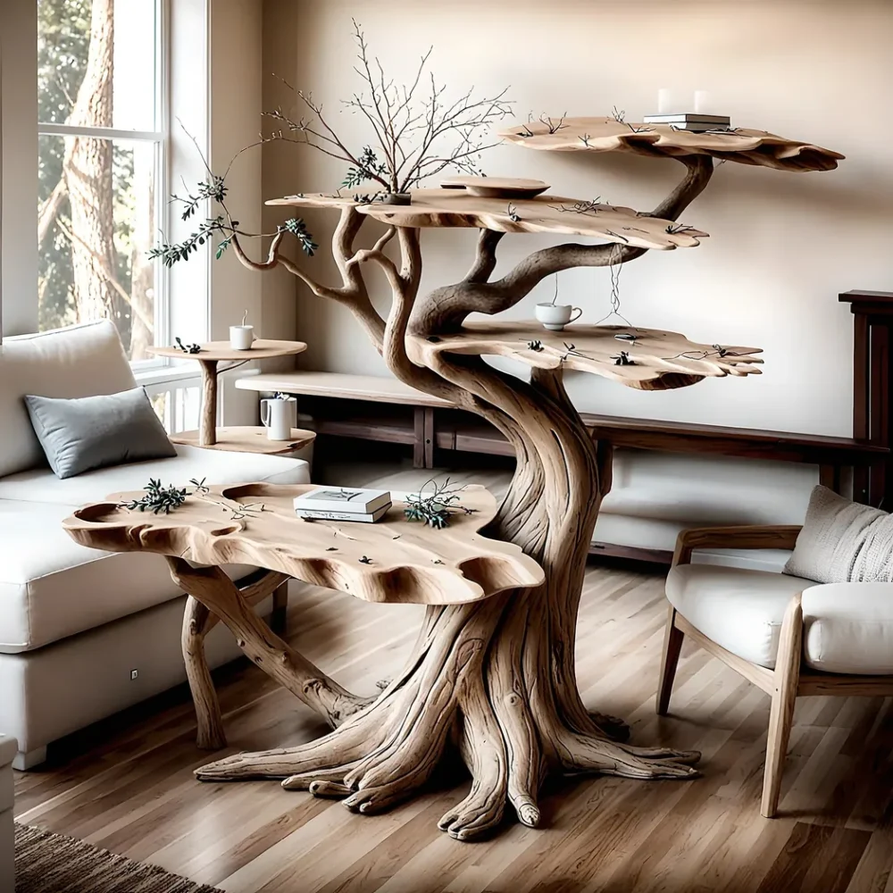 100% handmade tree-shaped natural wooden tea table