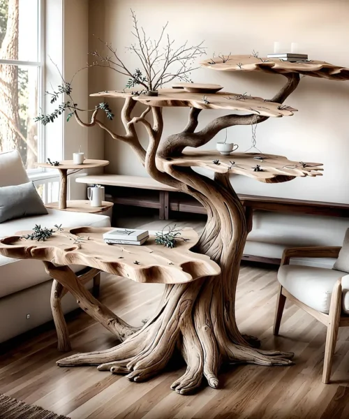 100% handmade tree-shaped natural wooden tea table