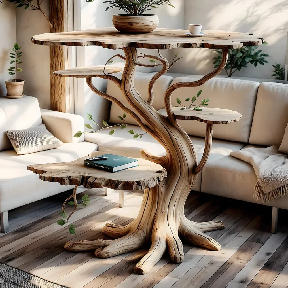 Tree-shaped 3-tier wooden table