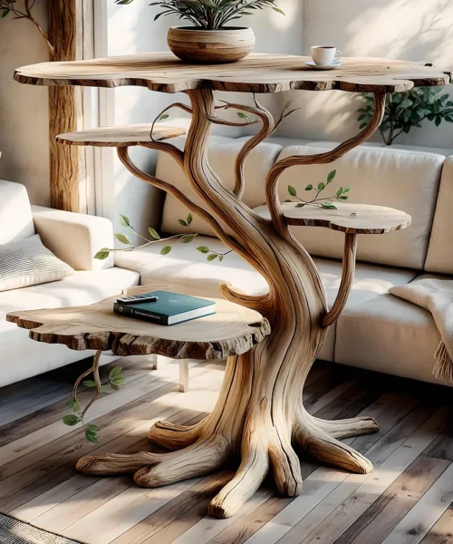 Tree-shaped 3-tier wooden table