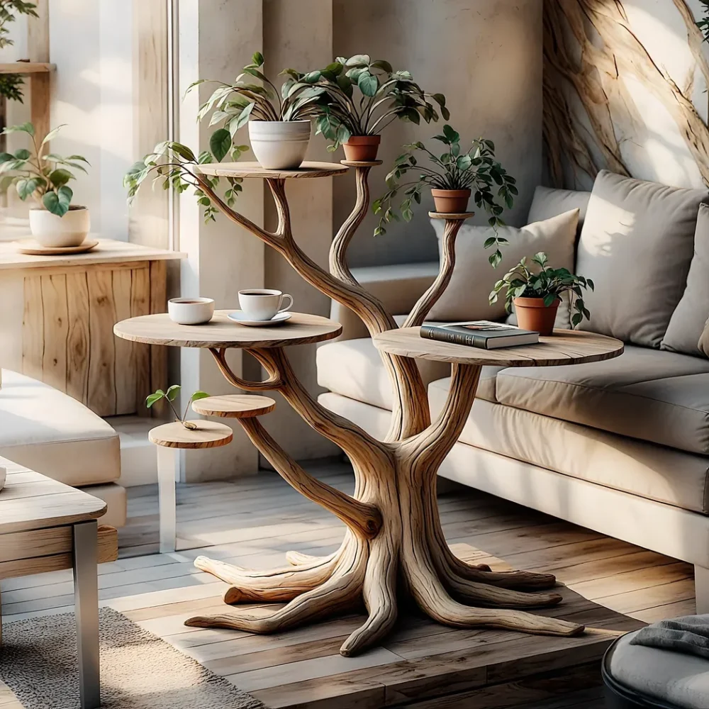 Tree-shaped solid wooden tea table