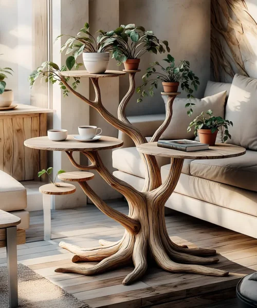 Tree-shaped solid wooden tea table