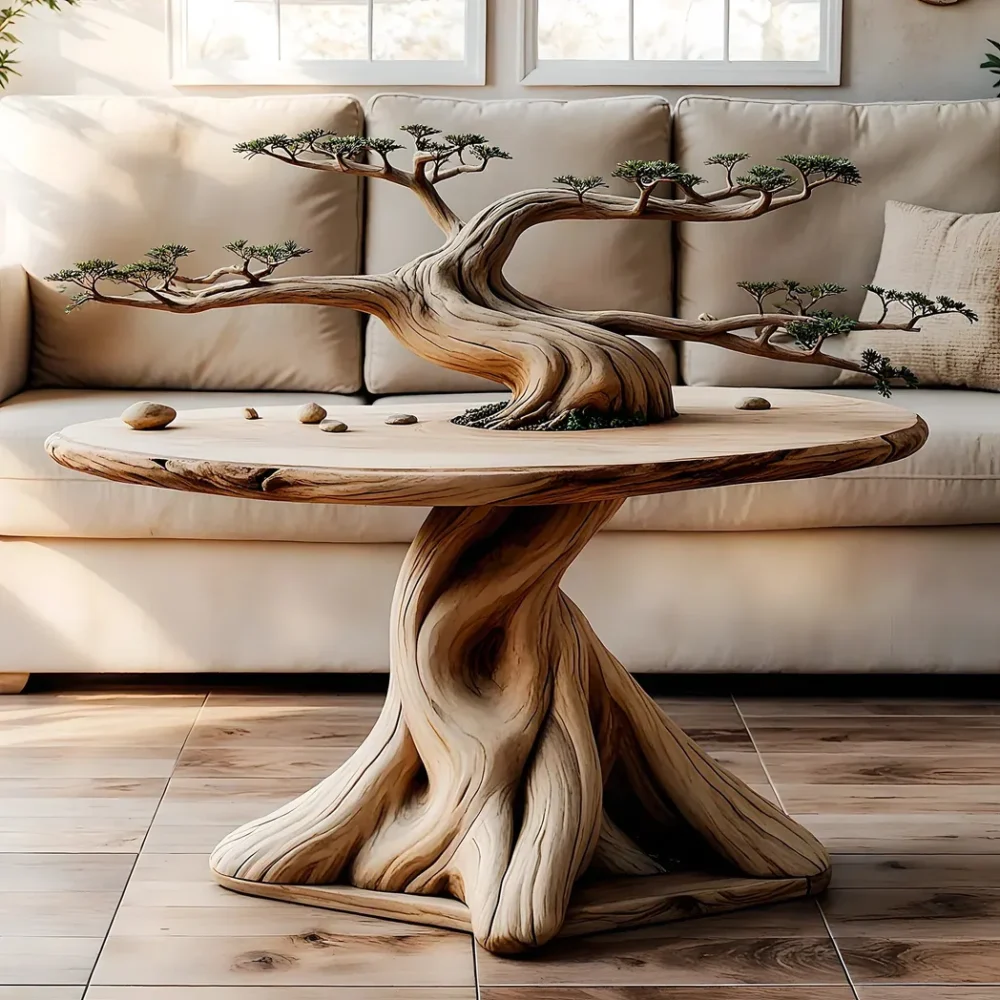 Vintage coffee table, old wooden tree stump table