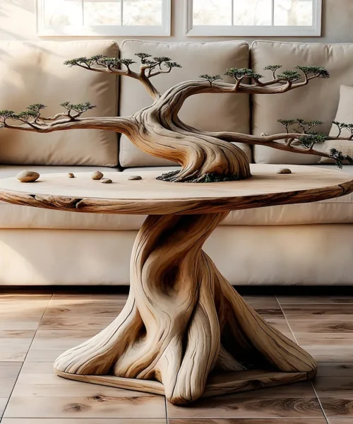 Vintage coffee table, old wooden tree stump table