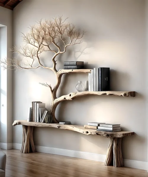 console table reading table with tree shaped bookshelf