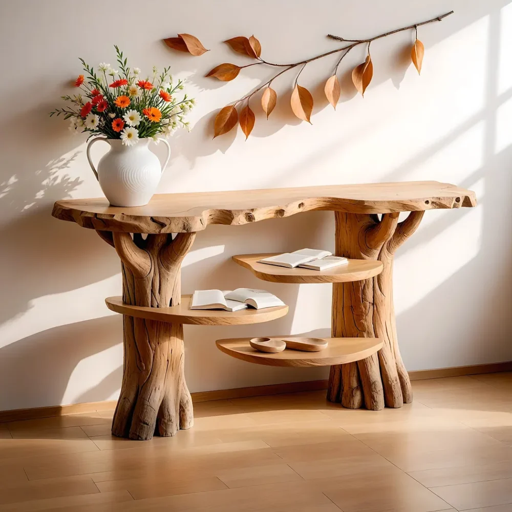 modern console table, console table with floating shelf, driftwood table.