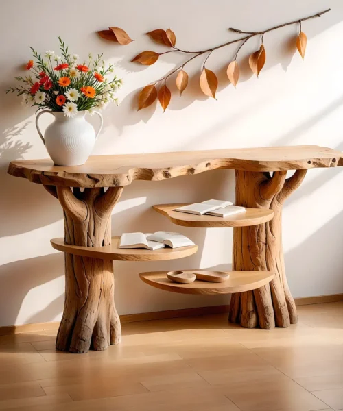 modern console table, console table with floating shelf, driftwood table.