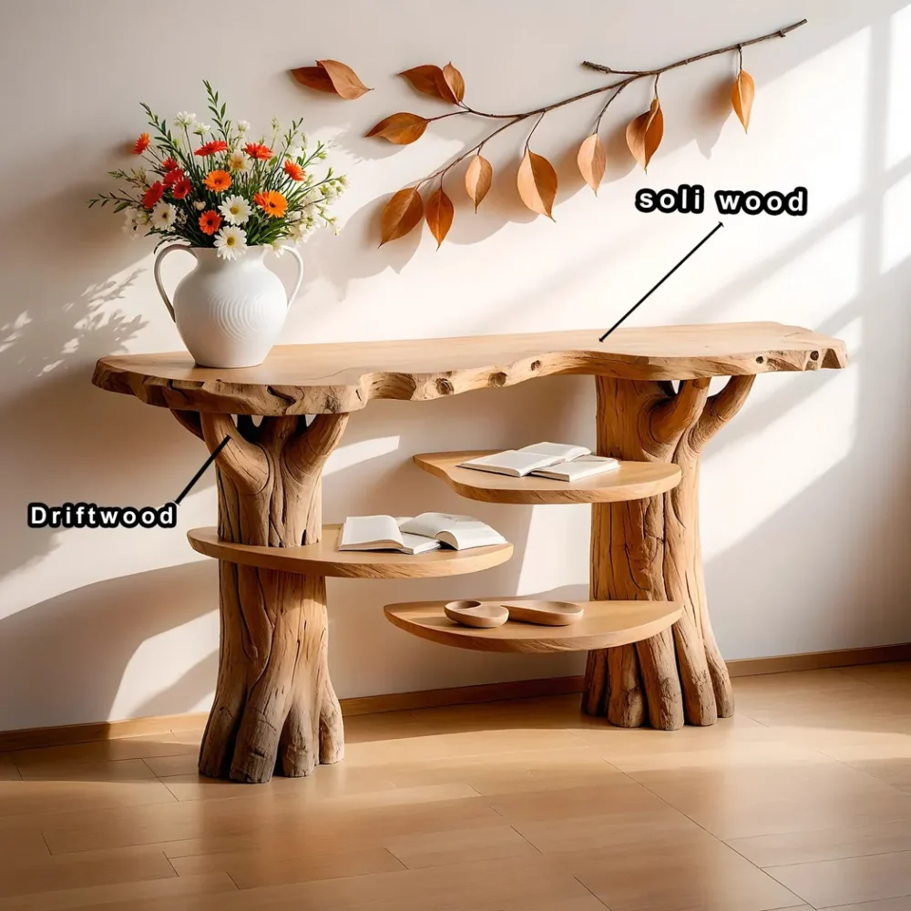 modern console table, console table with floating shelf, driftwood table. - Image 4