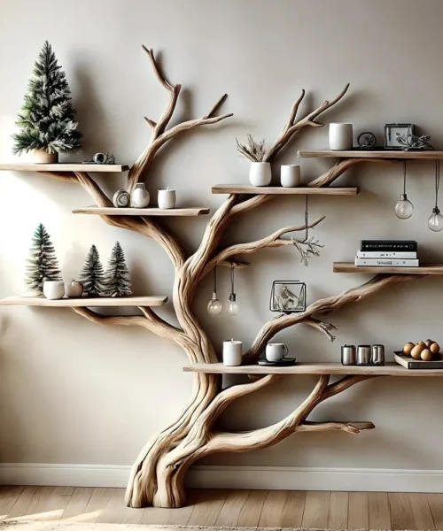 Narrow floating living table with solid wood bookcase and floating bookshelf