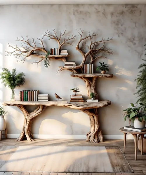 Narrow table with twig bookshelf, Entrance living edge table, Farm table rustic handmade console table natural wood
