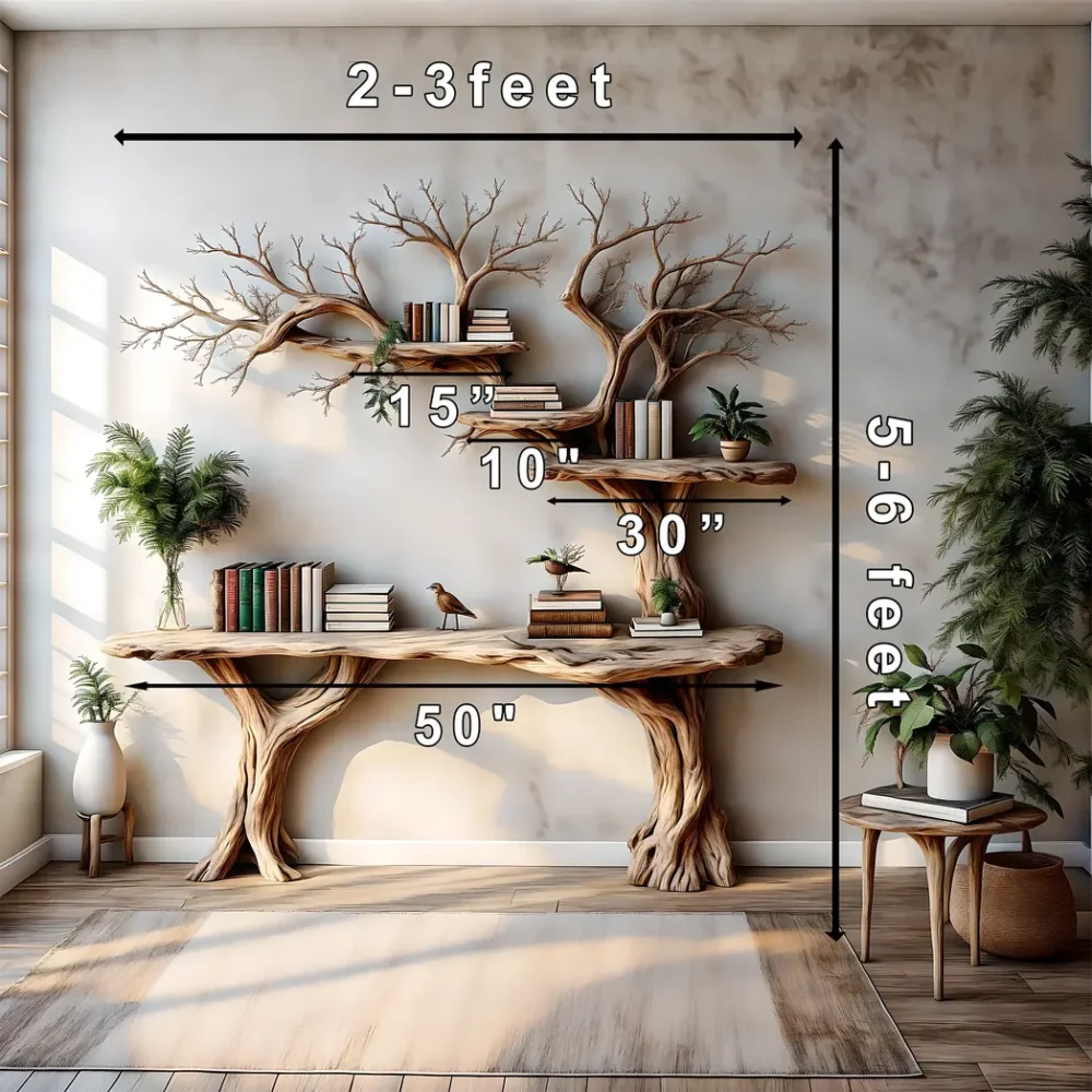 Narrow table with twig bookshelf, Entrance living edge table, Farm table rustic handmade console table natural wood - Image 2