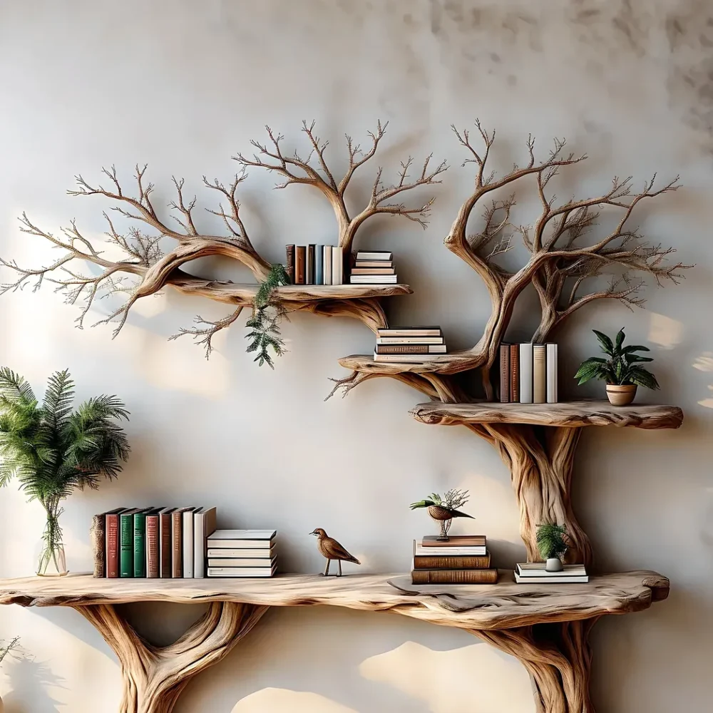 Narrow table with twig bookshelf, Entrance living edge table, Farm table rustic handmade console table natural wood - Image 3