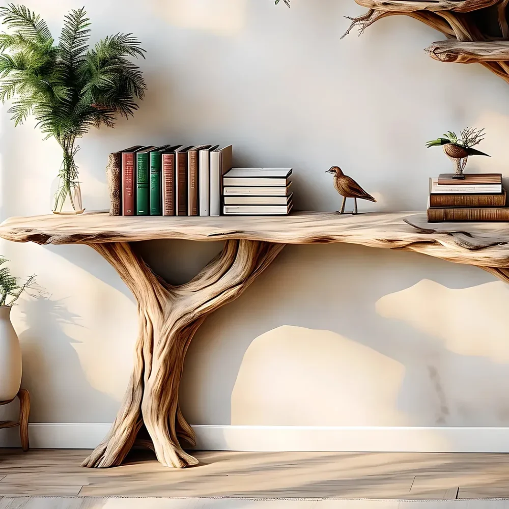 Narrow table with twig bookshelf, Entrance living edge table, Farm table rustic handmade console table natural wood - Image 4